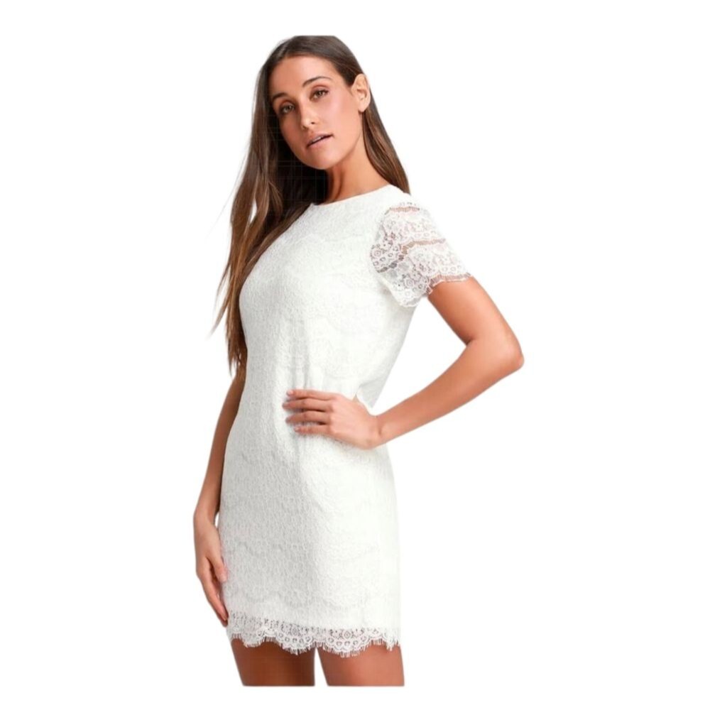 Lulus Take Me to Brunch Ivory Lace Lined Shift Mini Dress Cap Sleeves XS